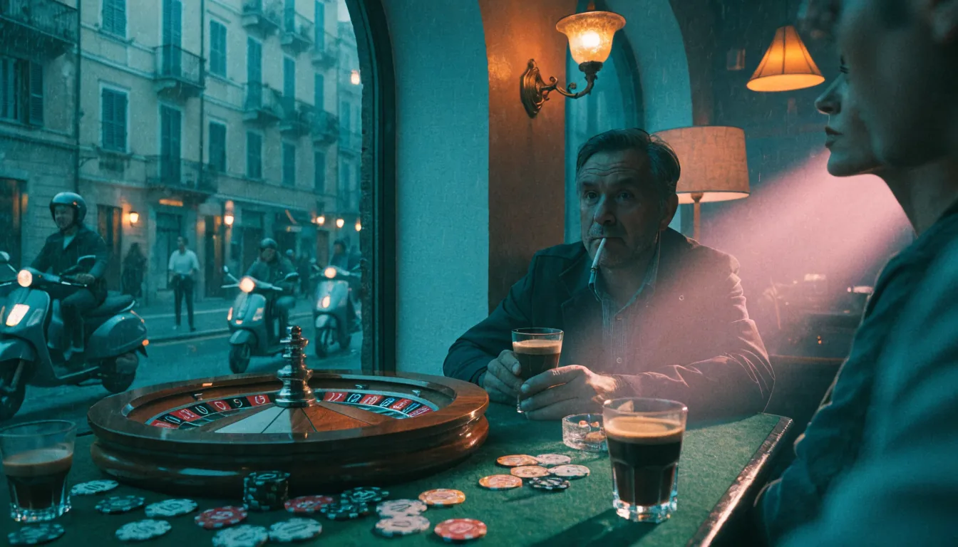 Tavolo verde con fiches da gioco e roulette in un bar italiano illuminato