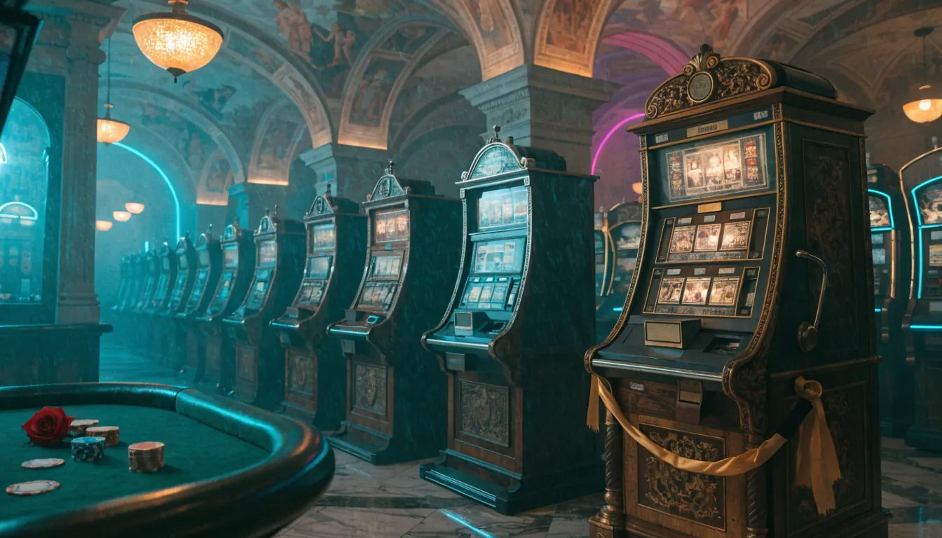 Interno elegante di casinò italiano con slot machine vintage e bonus gratuito