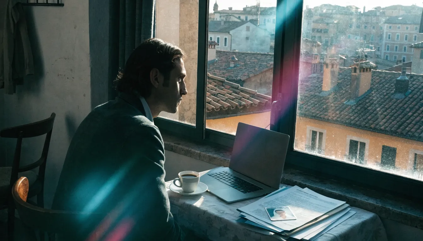 Giocatore italiano con laptop chiuso e documenti d'identità sul tavolo di casa a Roma.
