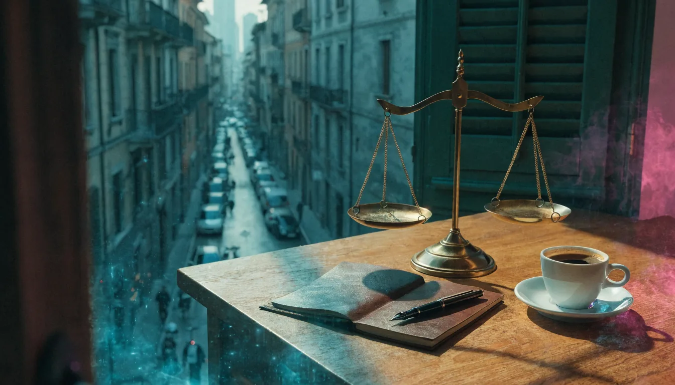 Bilancia della giustizia su scrivania italiana con taccuino e penna