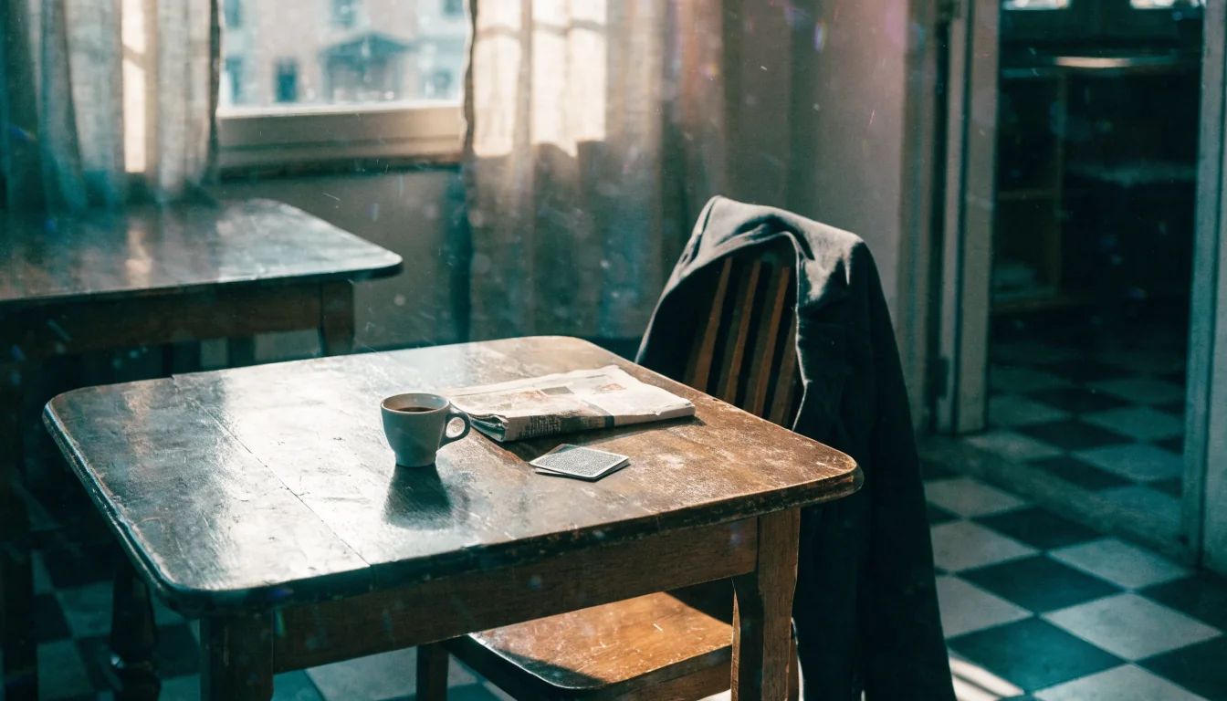 Tavolo vuoto in un caffè italiano con espresso, giornale e carte da gioco riposte.