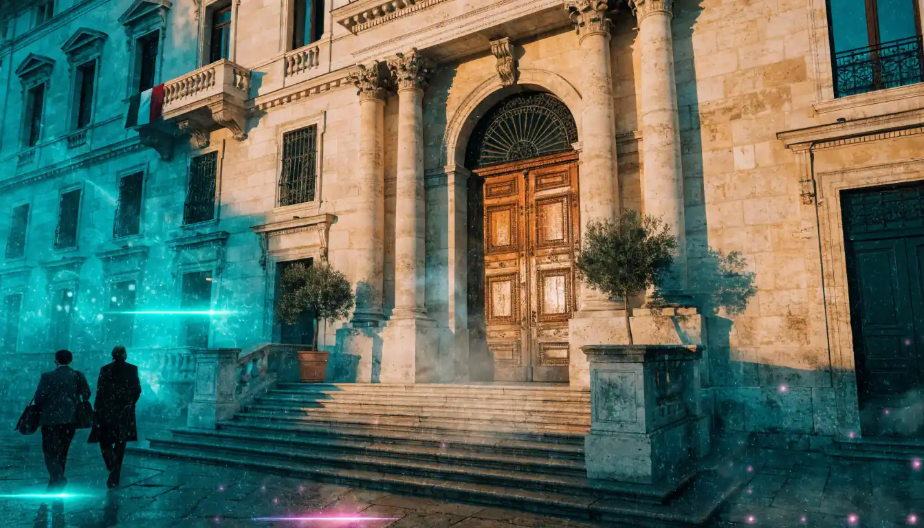 Facciata di un edificio istituzionale italiano con colonne e bandiera.