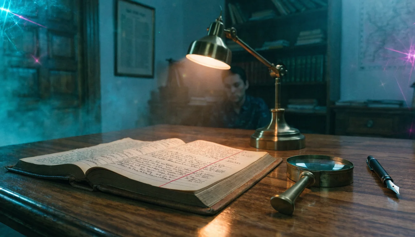 Libro mastro aperto su scrivania con annotazioni ordinate e lente d'ingrandimento.