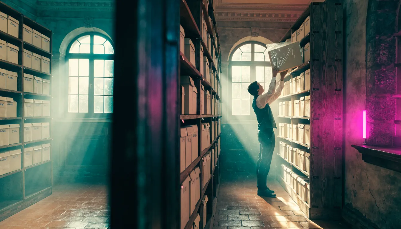 Sala d'archivio storica italiana con scaffali pieni di faldoni numerati.