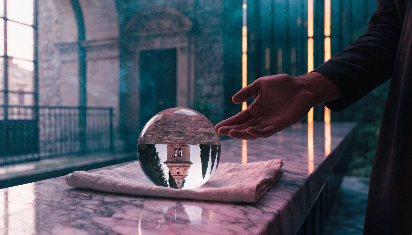 Sfera di cristallo trasparente su piano di marmo con scena riflessa all'interno.