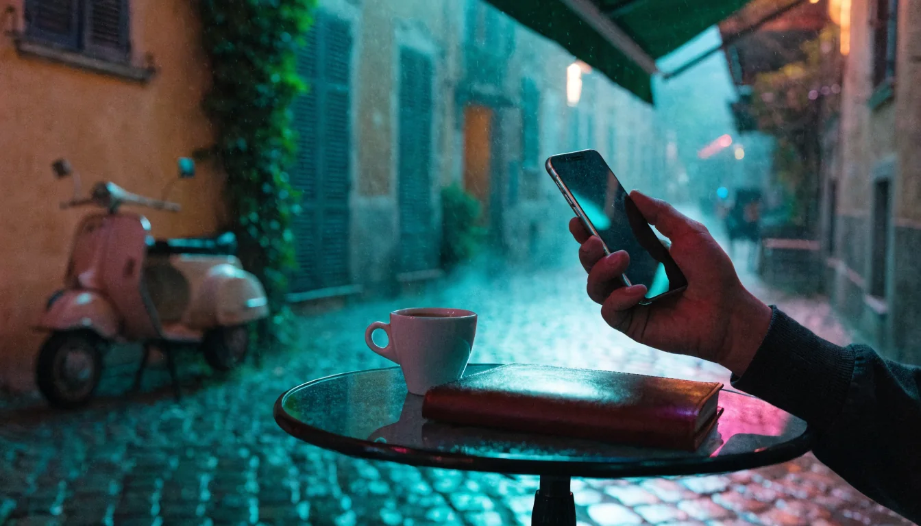 Smartphone tenuto in mano su tavolino di un caffè italiano all'aperto.