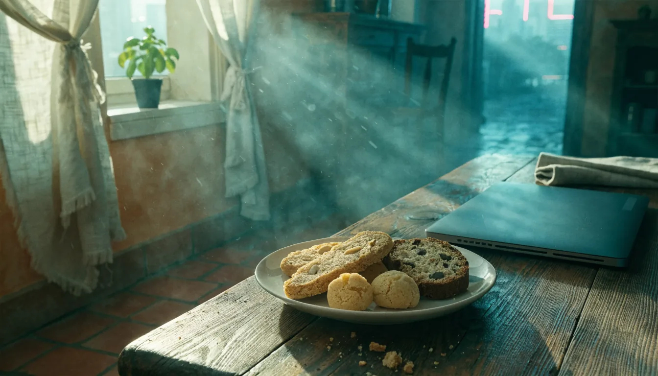Tavolo rustico italiano con biscotti tradizionali accanto a un portatile chiuso